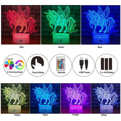 Harmless Multicolor 3D Night Light Unicorn , Practical 3D Unicorn Illusion Night Lamp