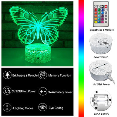 Acrylic 3W 3D Illusion Night Light Lamp Butterfly Shape For Girls