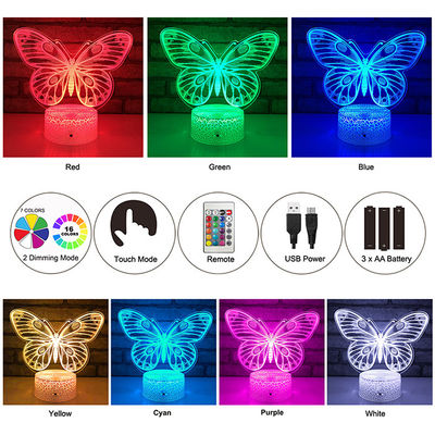 Acrylic 3W 3D Illusion Night Light Lamp Butterfly Shape For Girls