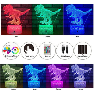 ROHS Dinosaur 3D Illusion Night Light With Remote Touch 16 Colors Changing