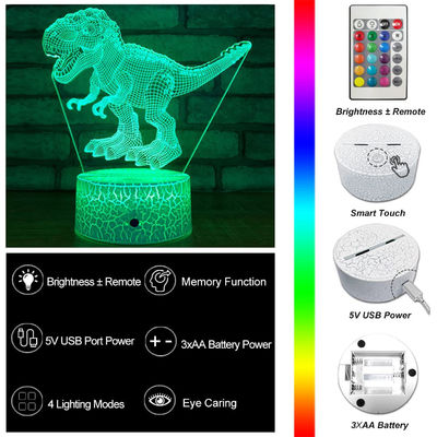 ROHS Dinosaur 3D Illusion Night Light With Remote Touch 16 Colors Changing