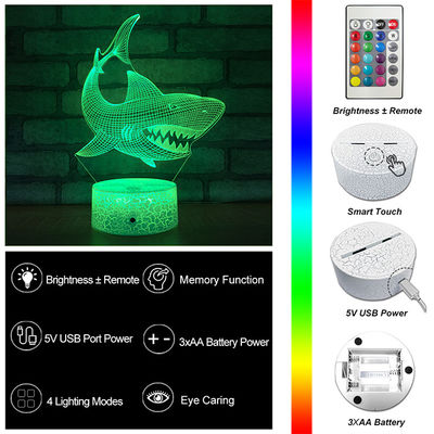 Multiscene RGB 3D Illusion LED Lamp , Remote Control Shark 3D Night Light
